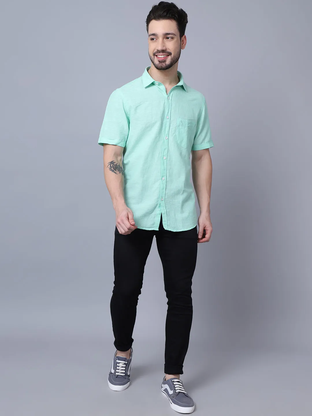 Cotton Solid Mint Green Half Sleeve Regular Fit Casual Shirt for Men with Pocket