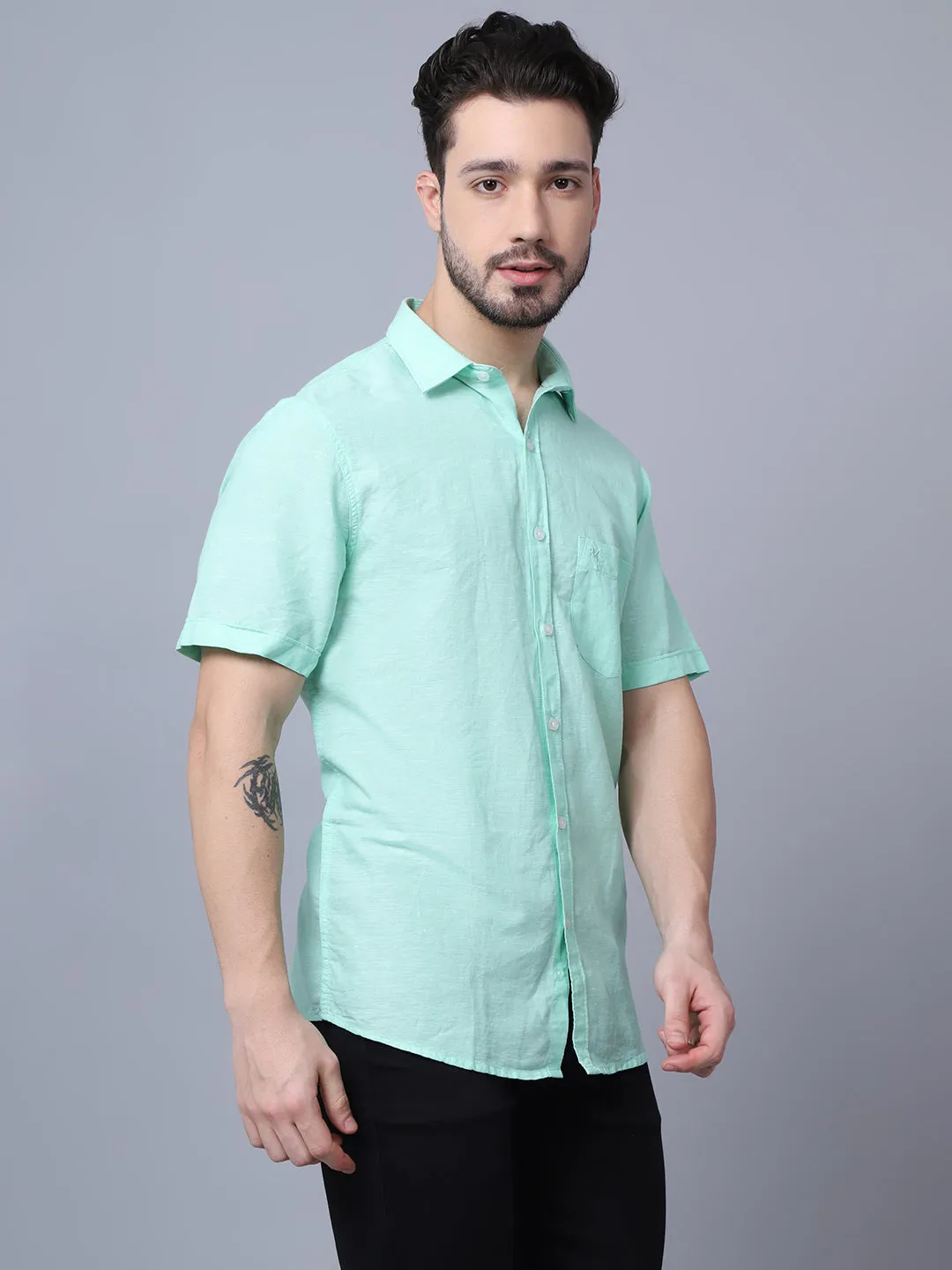 Cotton Solid Mint Green Half Sleeve Regular Fit Casual Shirt for Men with Pocket