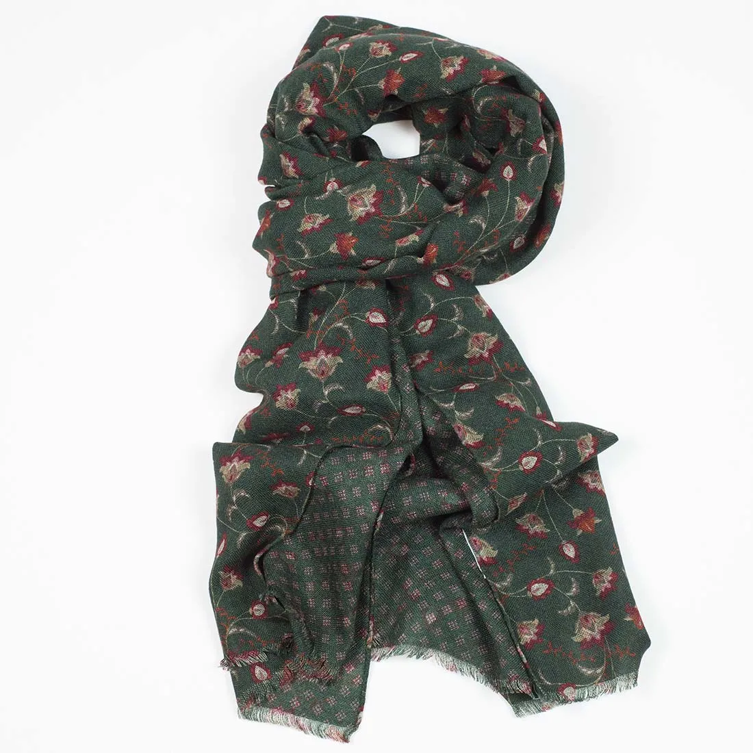 Double-faced lightweight wool print scarf, green, rust & moss flower print