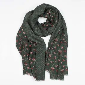 Double-faced lightweight wool print scarf, green, rust & moss flower print