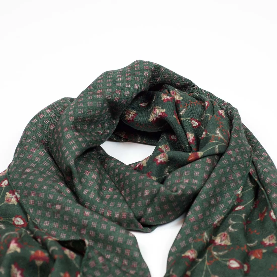 Double-faced lightweight wool print scarf, green, rust & moss flower print