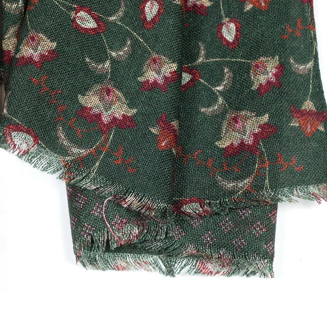 Double-faced lightweight wool print scarf, green, rust & moss flower print