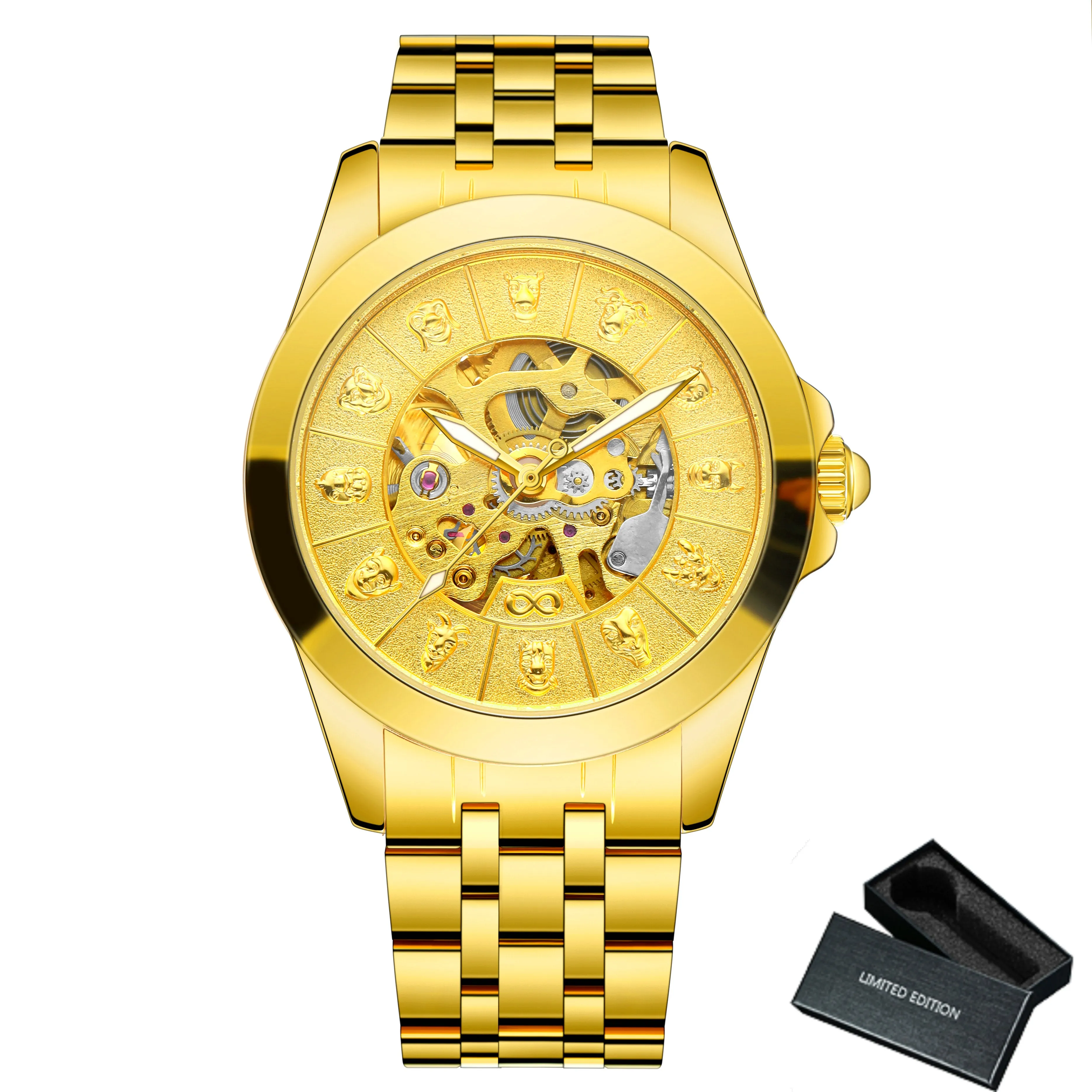 Forsining Luxury Twelve Zodiac Gold Skeleton Automatic Mechanical Mens Watches T8815B