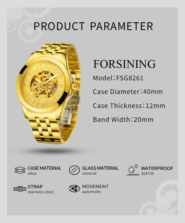 Forsining Luxury Twelve Zodiac Gold Skeleton Automatic Mechanical Mens Watches T8815B