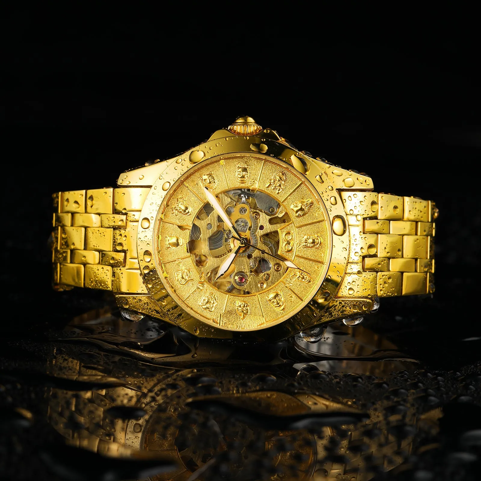 Forsining Luxury Twelve Zodiac Gold Skeleton Automatic Mechanical Mens Watches T8815B