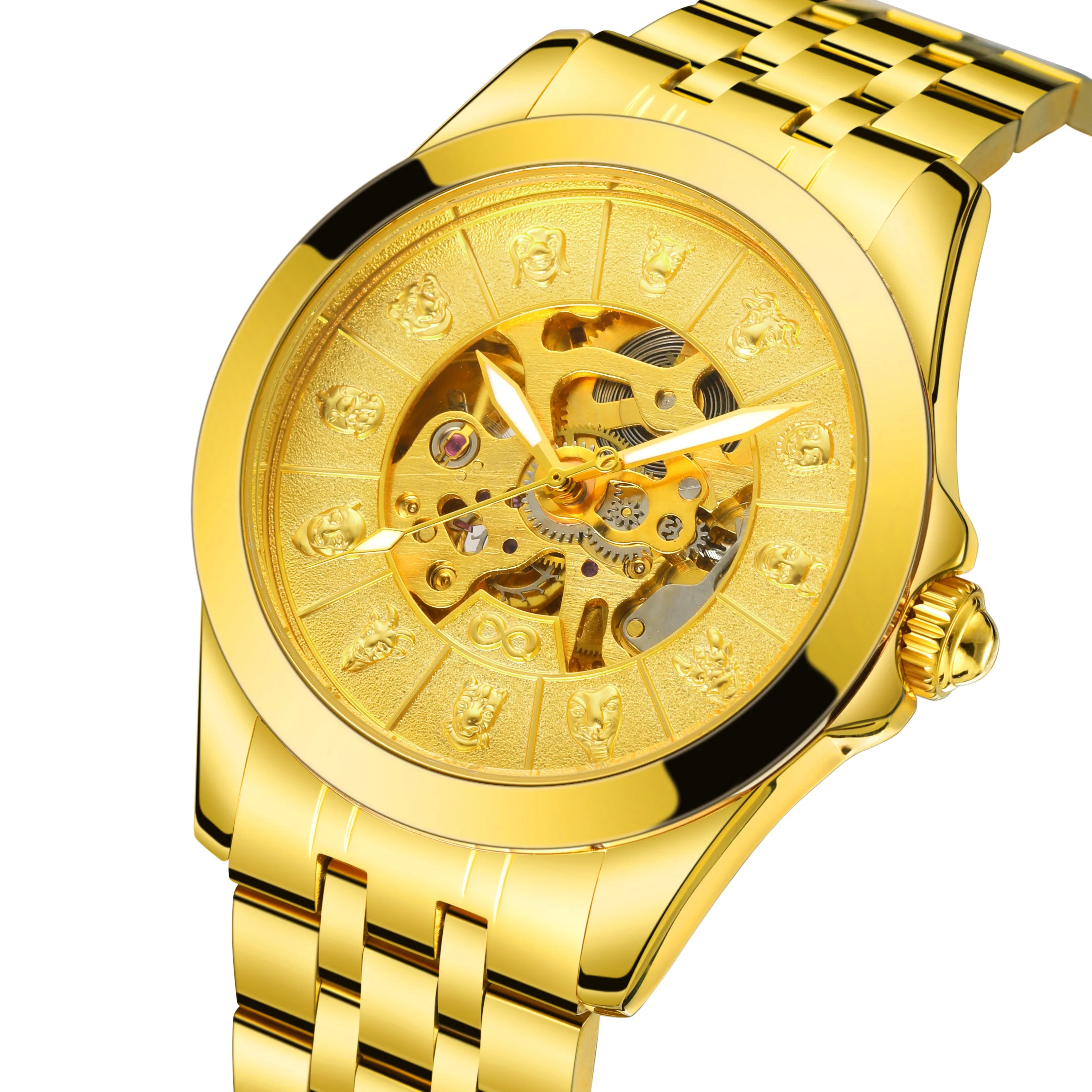 Forsining Luxury Twelve Zodiac Gold Skeleton Automatic Mechanical Mens Watches T8815B