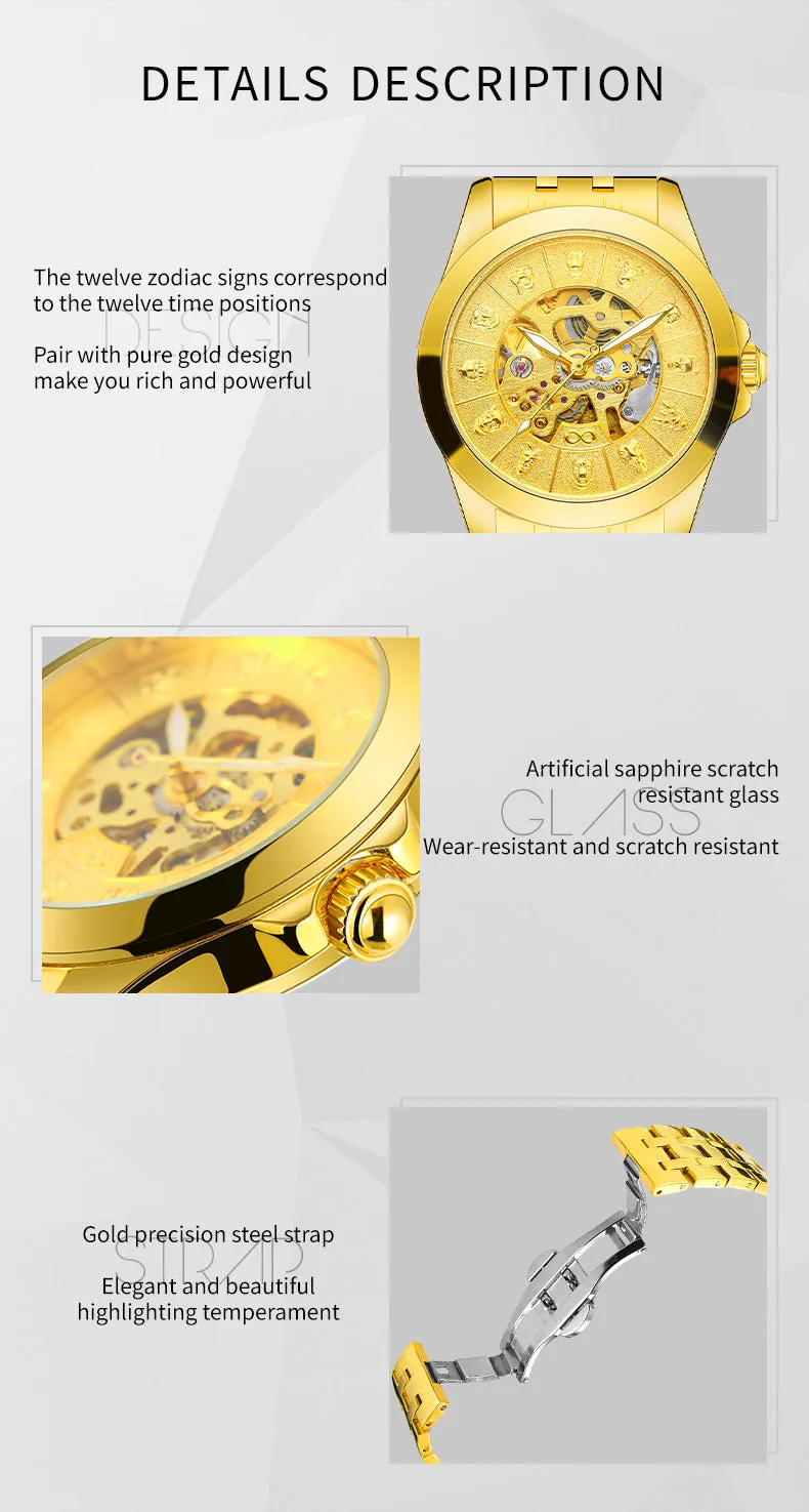 Forsining Luxury Twelve Zodiac Gold Skeleton Automatic Mechanical Mens Watches T8815B