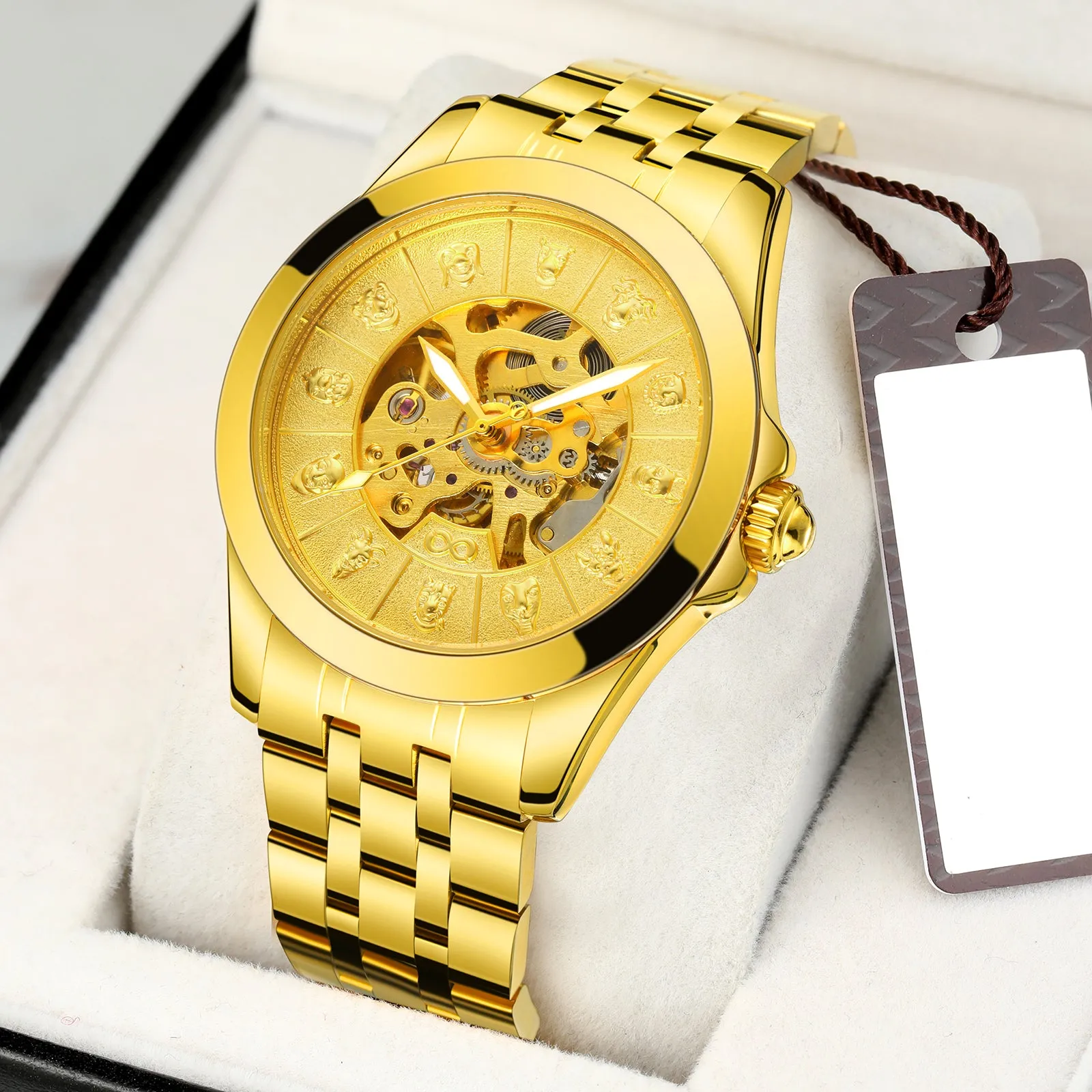 Forsining Luxury Twelve Zodiac Gold Skeleton Automatic Mechanical Mens Watches T8815B