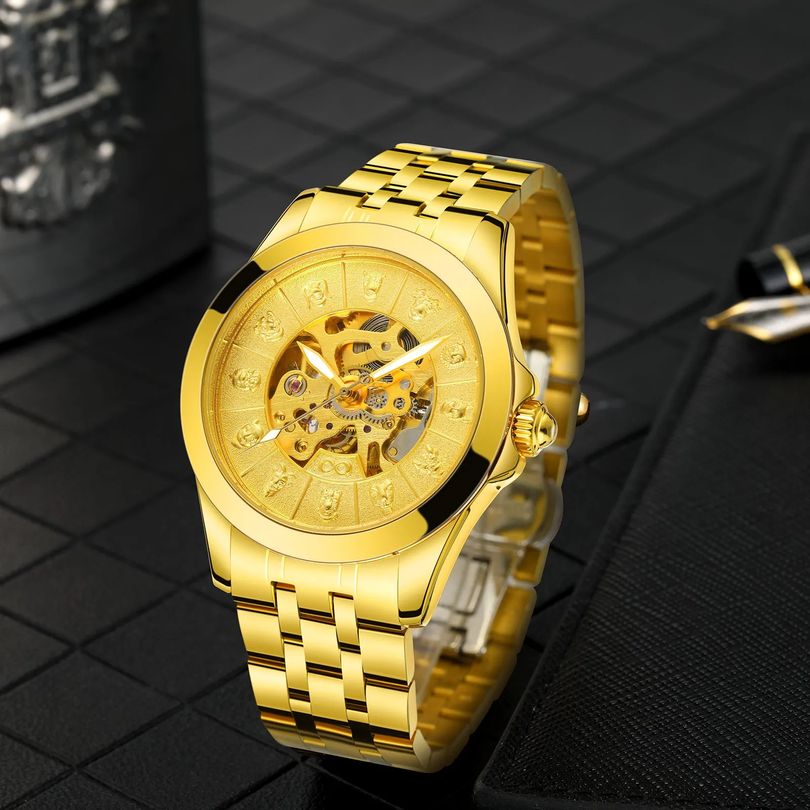 Forsining Luxury Twelve Zodiac Gold Skeleton Automatic Mechanical Mens Watches T8815B