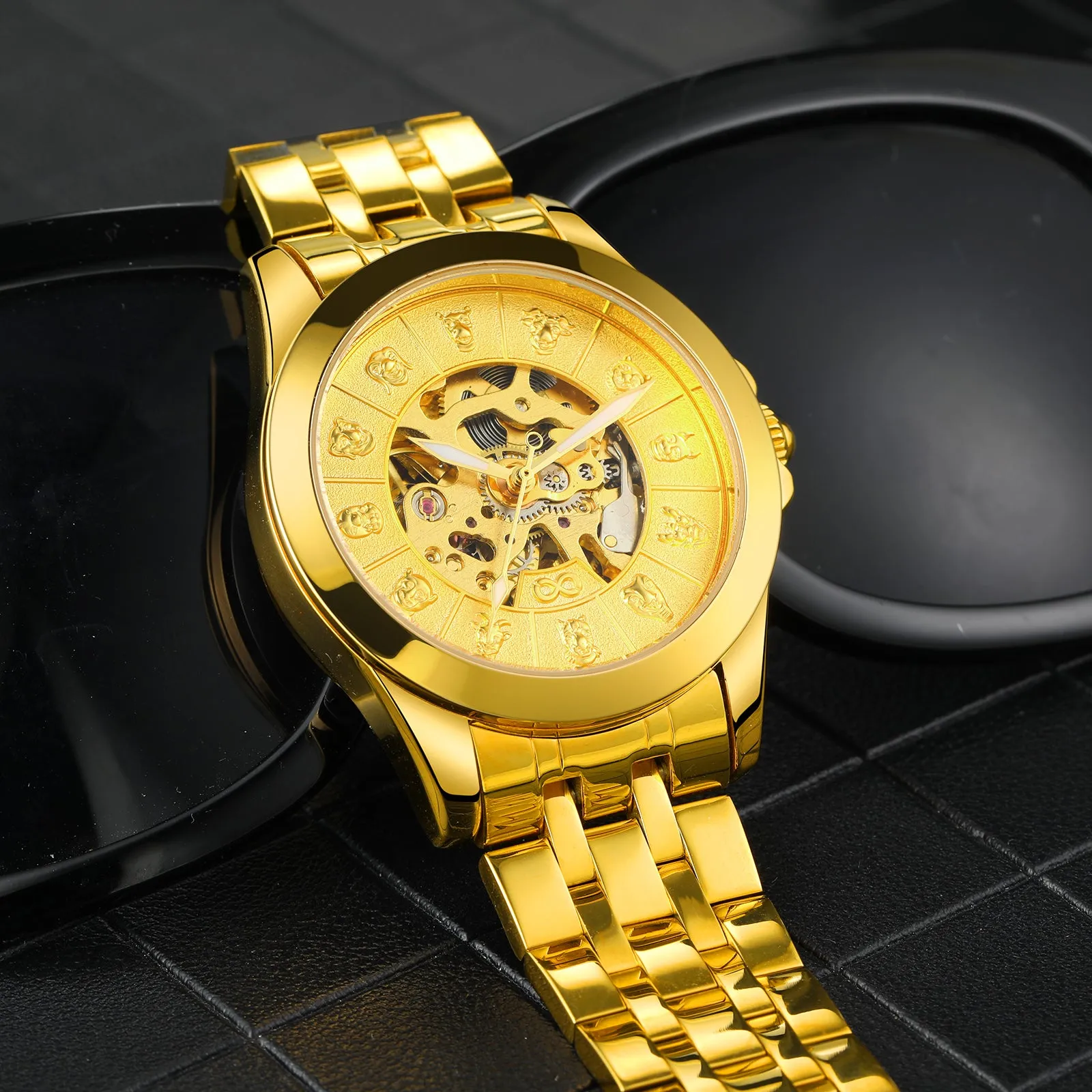 Forsining Luxury Twelve Zodiac Gold Skeleton Automatic Mechanical Mens Watches T8815B