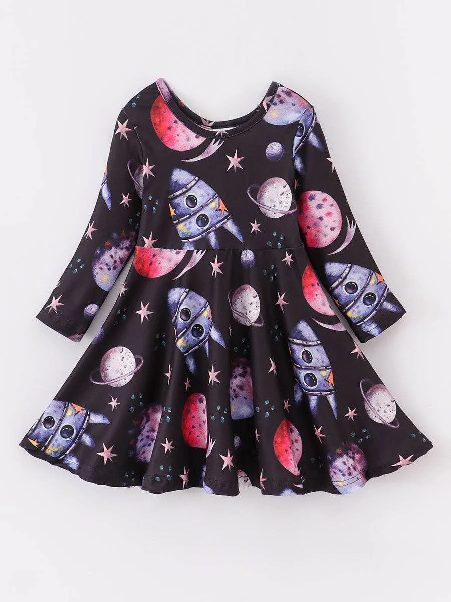 Galactic Noir: Black Planet Space Girl Twirl Dress