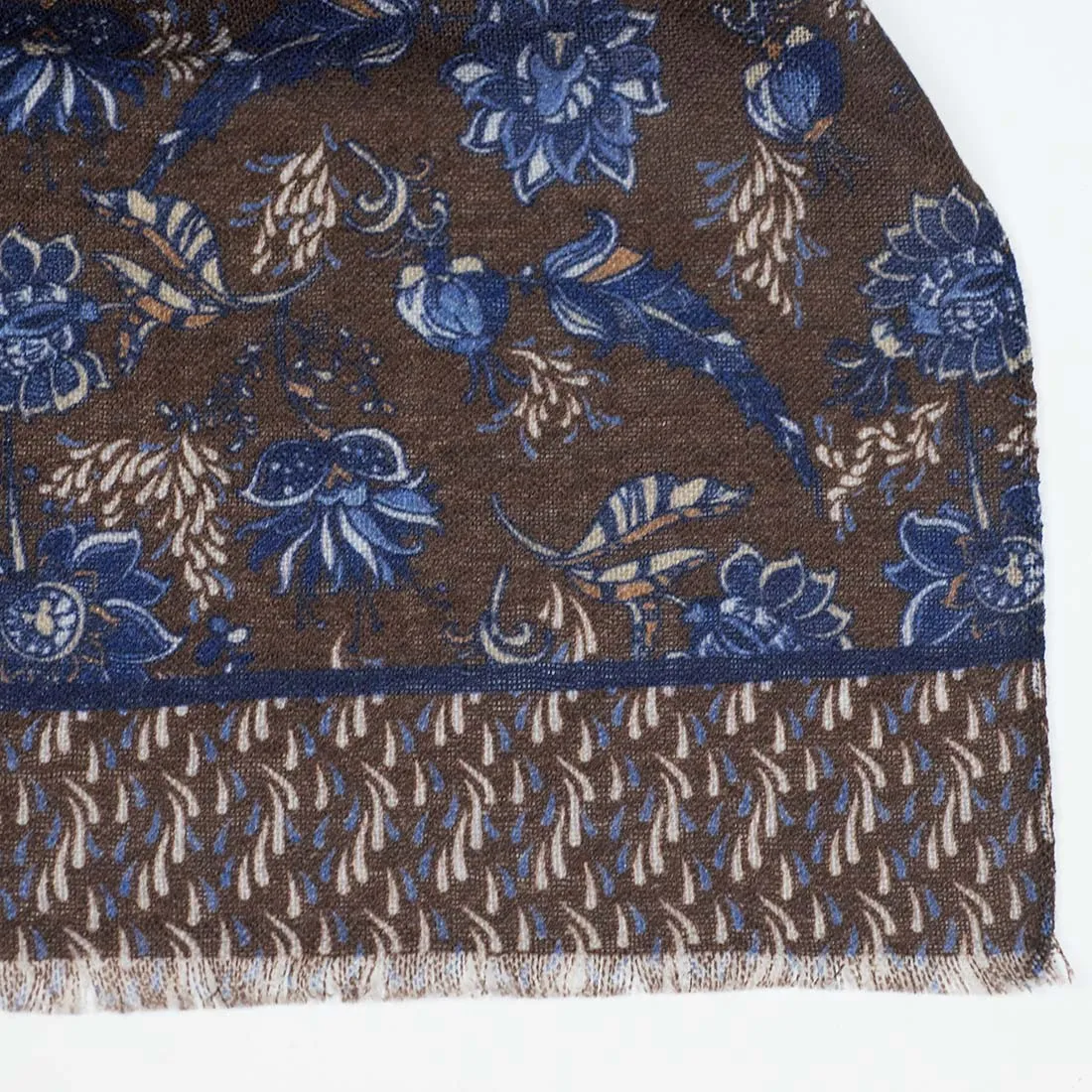 Lightweight wool print scarf, brown, navy & tan flower print