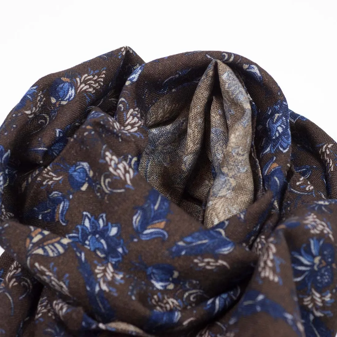 Lightweight wool print scarf, brown, navy & tan flower print