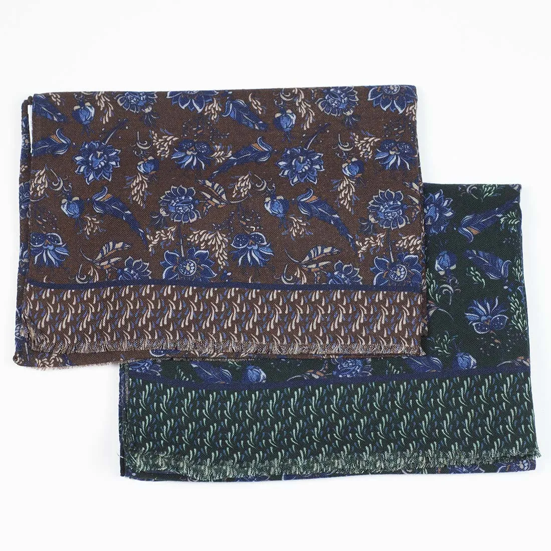 Lightweight wool print scarf, brown, navy & tan flower print