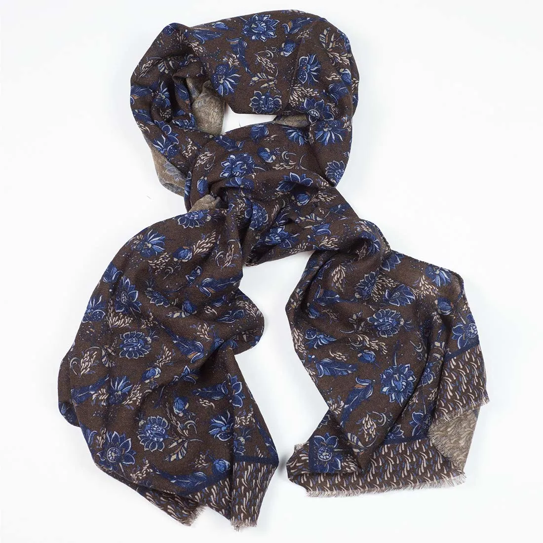 Lightweight wool print scarf, brown, navy & tan flower print