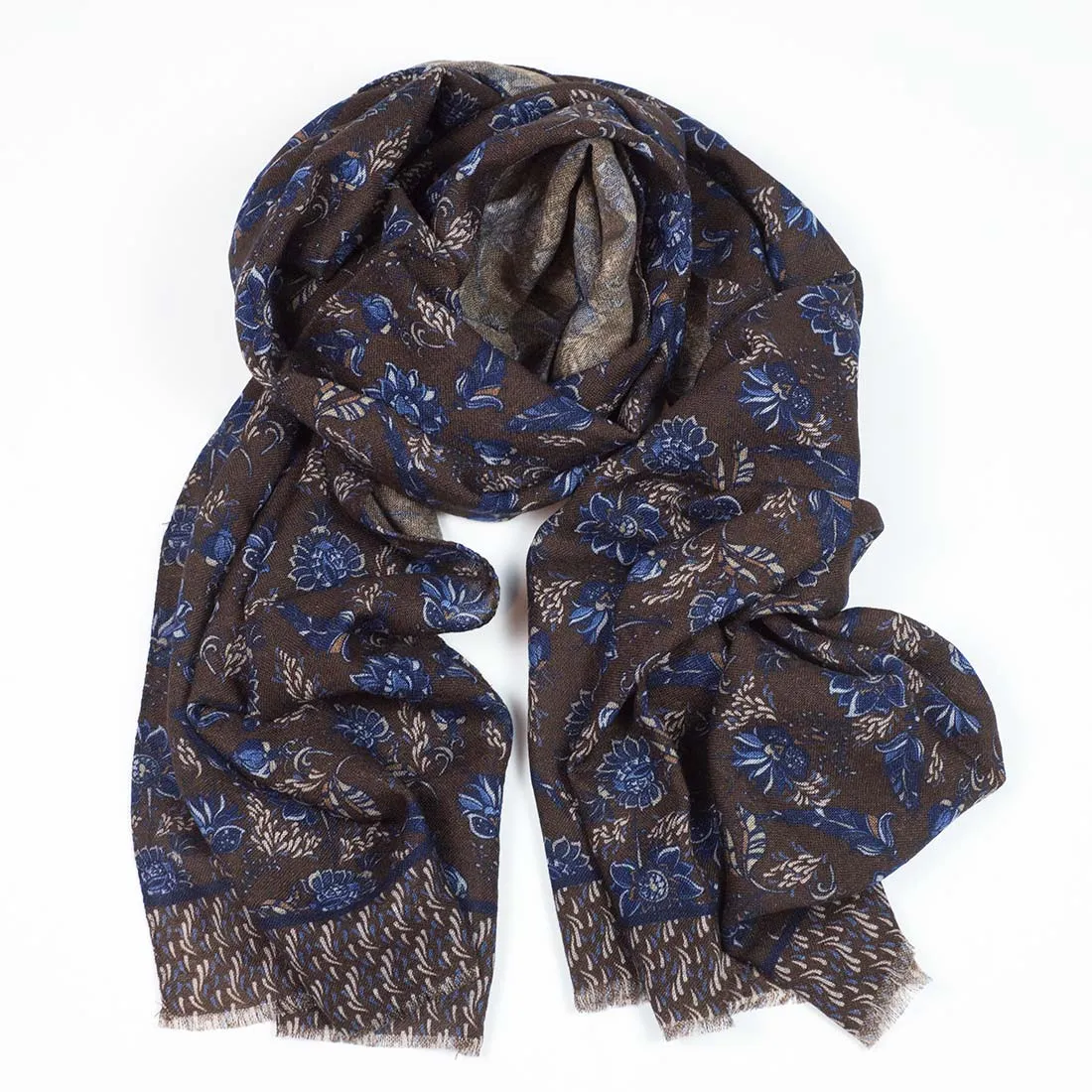 Lightweight wool print scarf, brown, navy & tan flower print