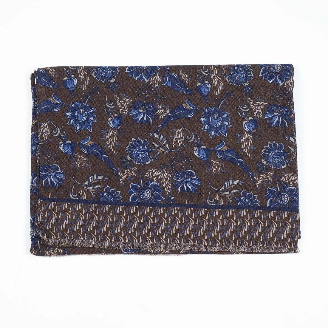 Lightweight wool print scarf, brown, navy & tan flower print