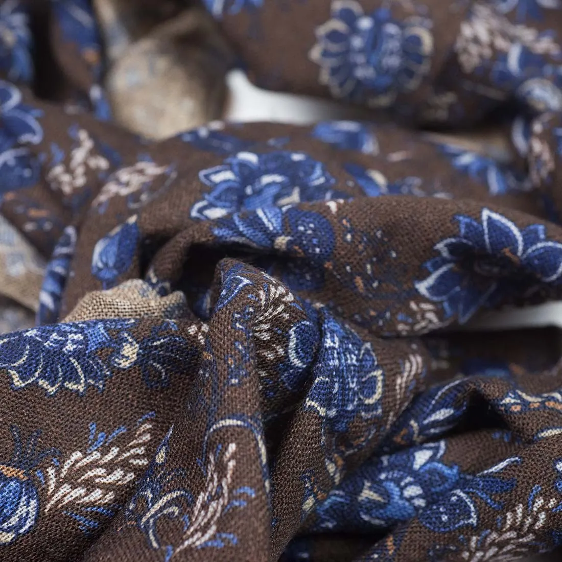 Lightweight wool print scarf, brown, navy & tan flower print