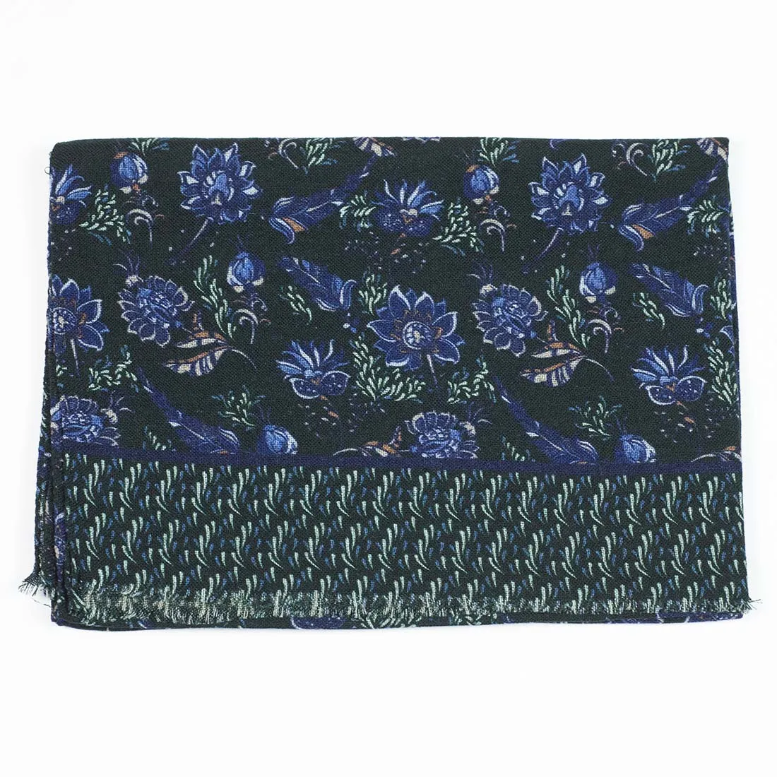 Lightweight wool print scarf, green, navy & tan flower print