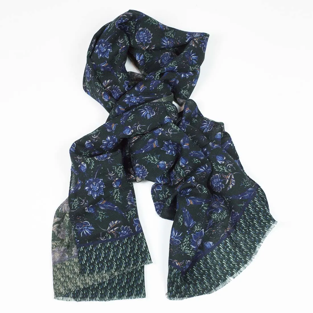 Lightweight wool print scarf, green, navy & tan flower print