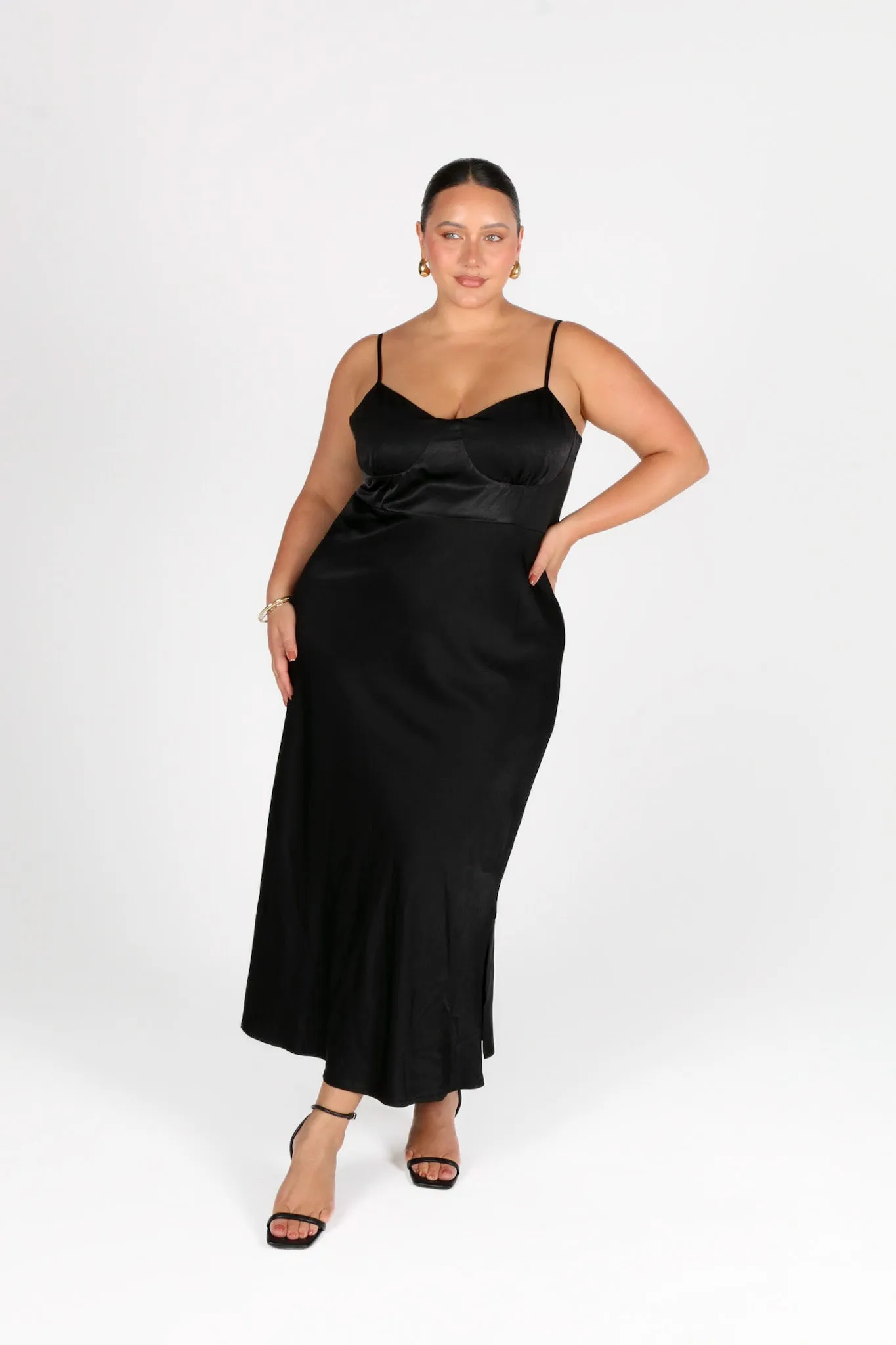 MARGOT SILKY SLIP MIDI DRESS BLACK