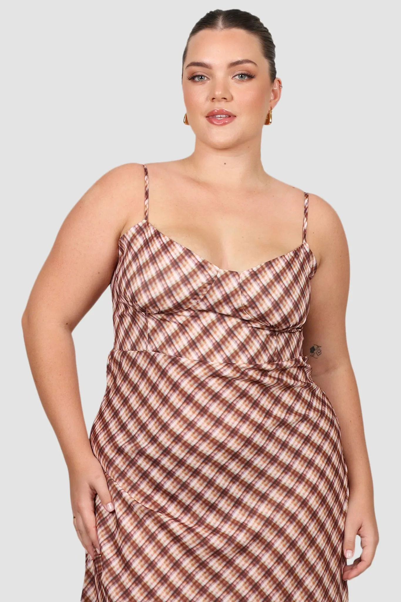 MARGOT SLIP MIDI DRESS BROWN CHECK