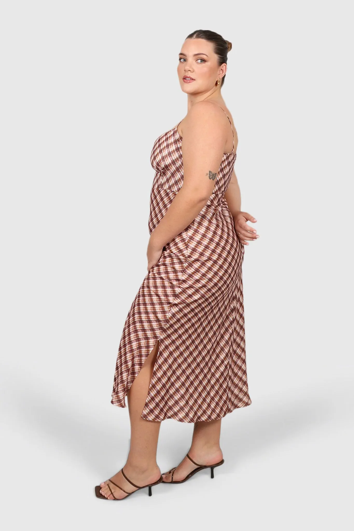 MARGOT SLIP MIDI DRESS BROWN CHECK