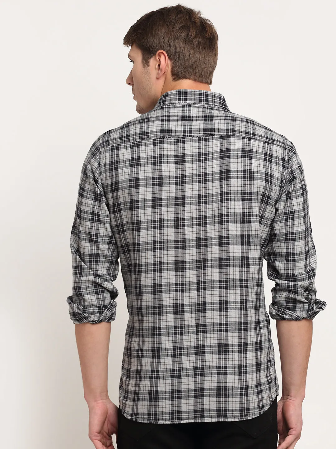 Men Cotton Checkered Grey Melange Full Sleeve Casual Shirt for Men with Pocket