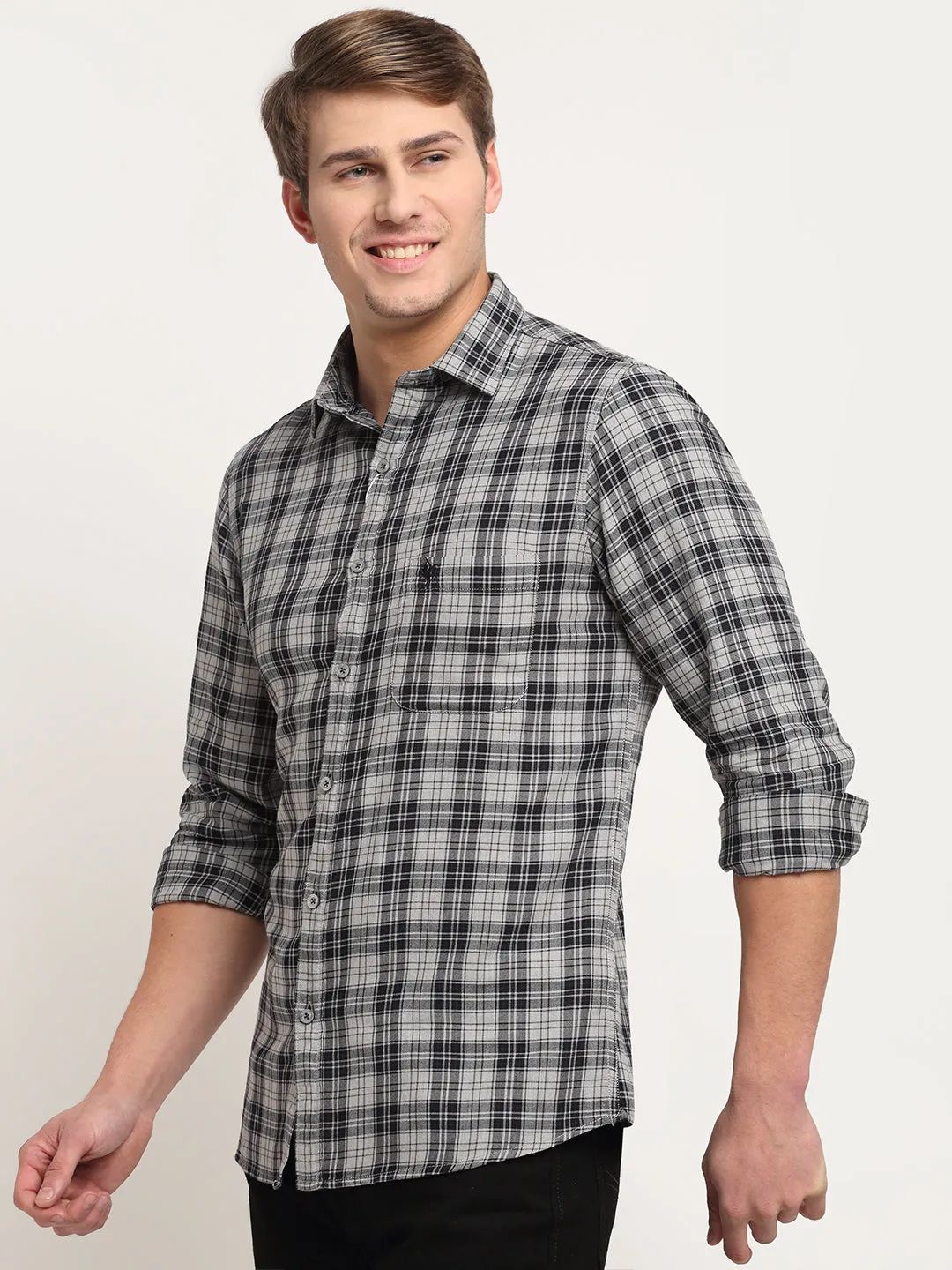 Men Cotton Checkered Grey Melange Full Sleeve Casual Shirt for Men with Pocket