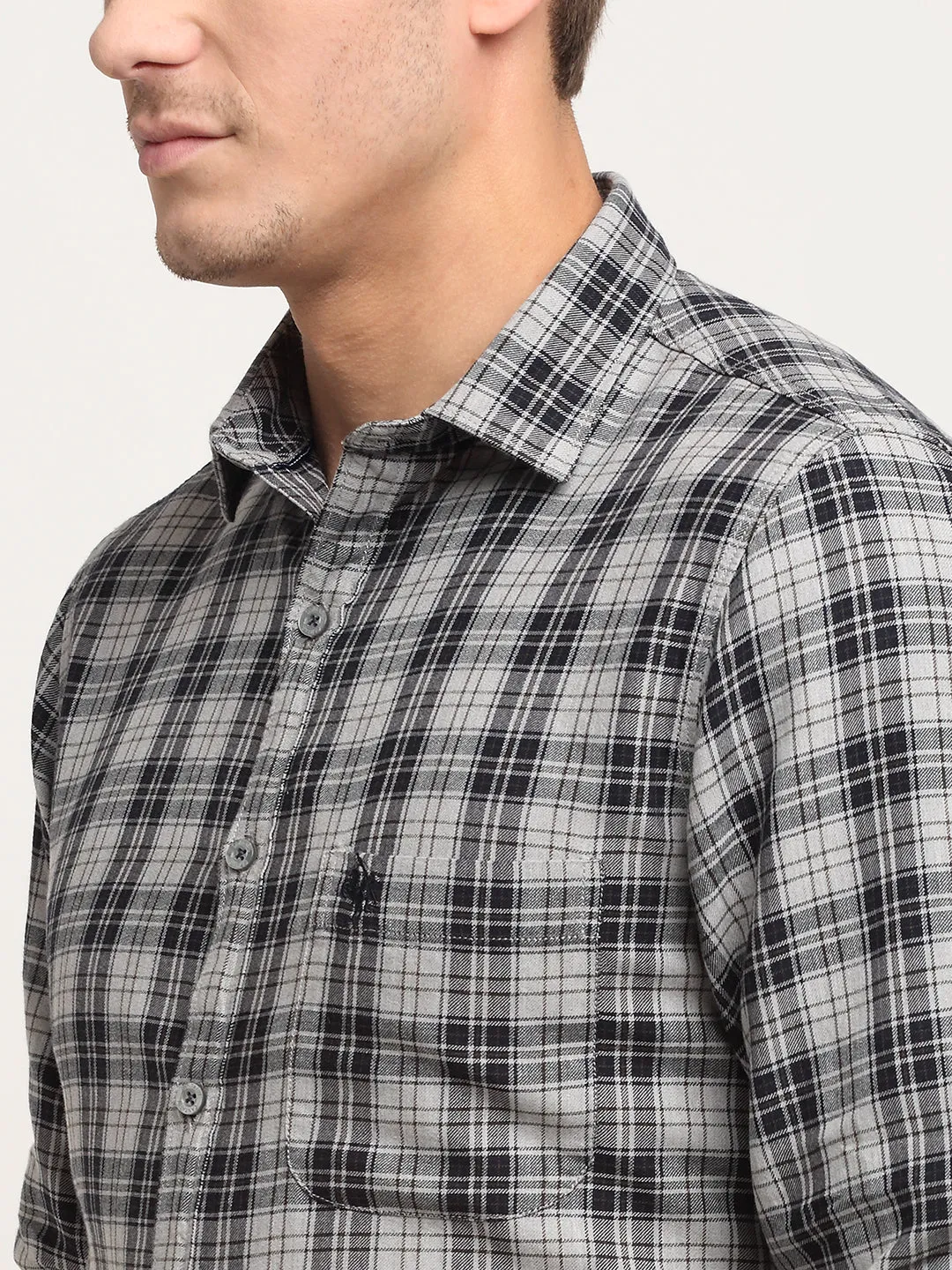 Men Cotton Checkered Grey Melange Full Sleeve Casual Shirt for Men with Pocket