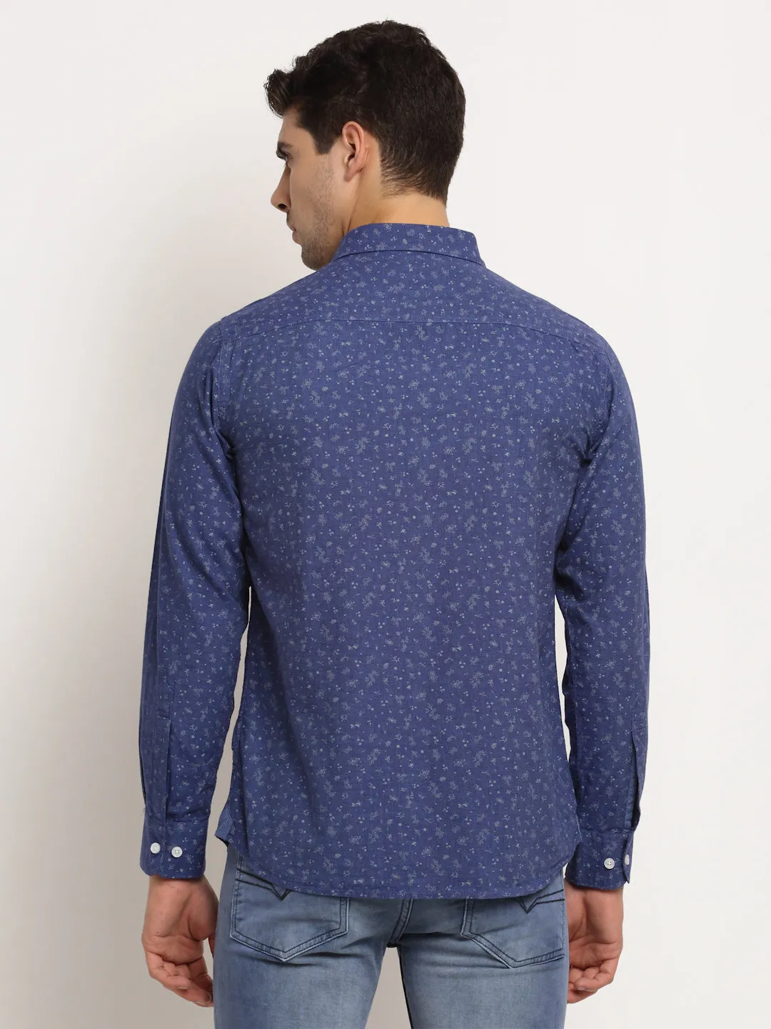 Men Cotton Printed Royal Blue Full Sleeve Casual Shirt for Men with Pocket