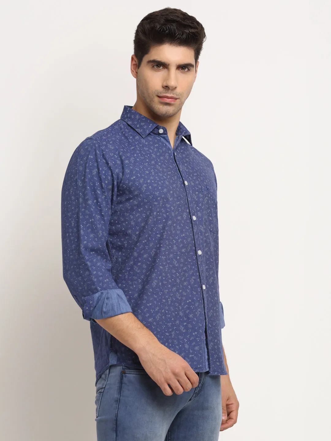 Men Cotton Printed Royal Blue Full Sleeve Casual Shirt for Men with Pocket