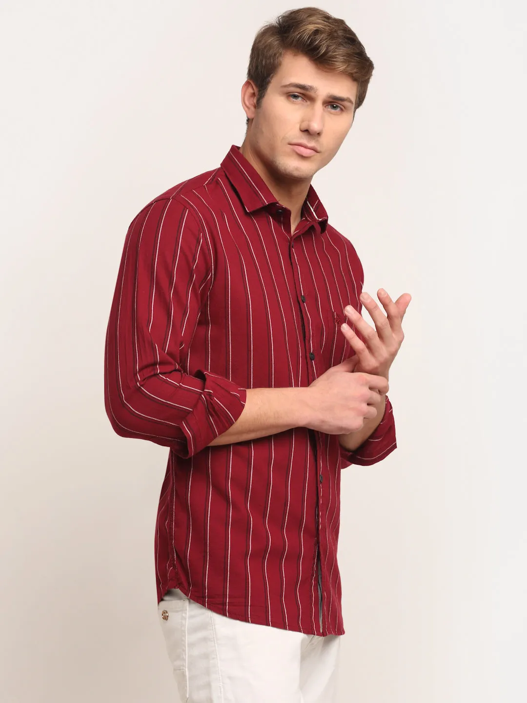 Men Cotton Striped Maroon Full Sleeve Casual Shirt for Men with Pocket