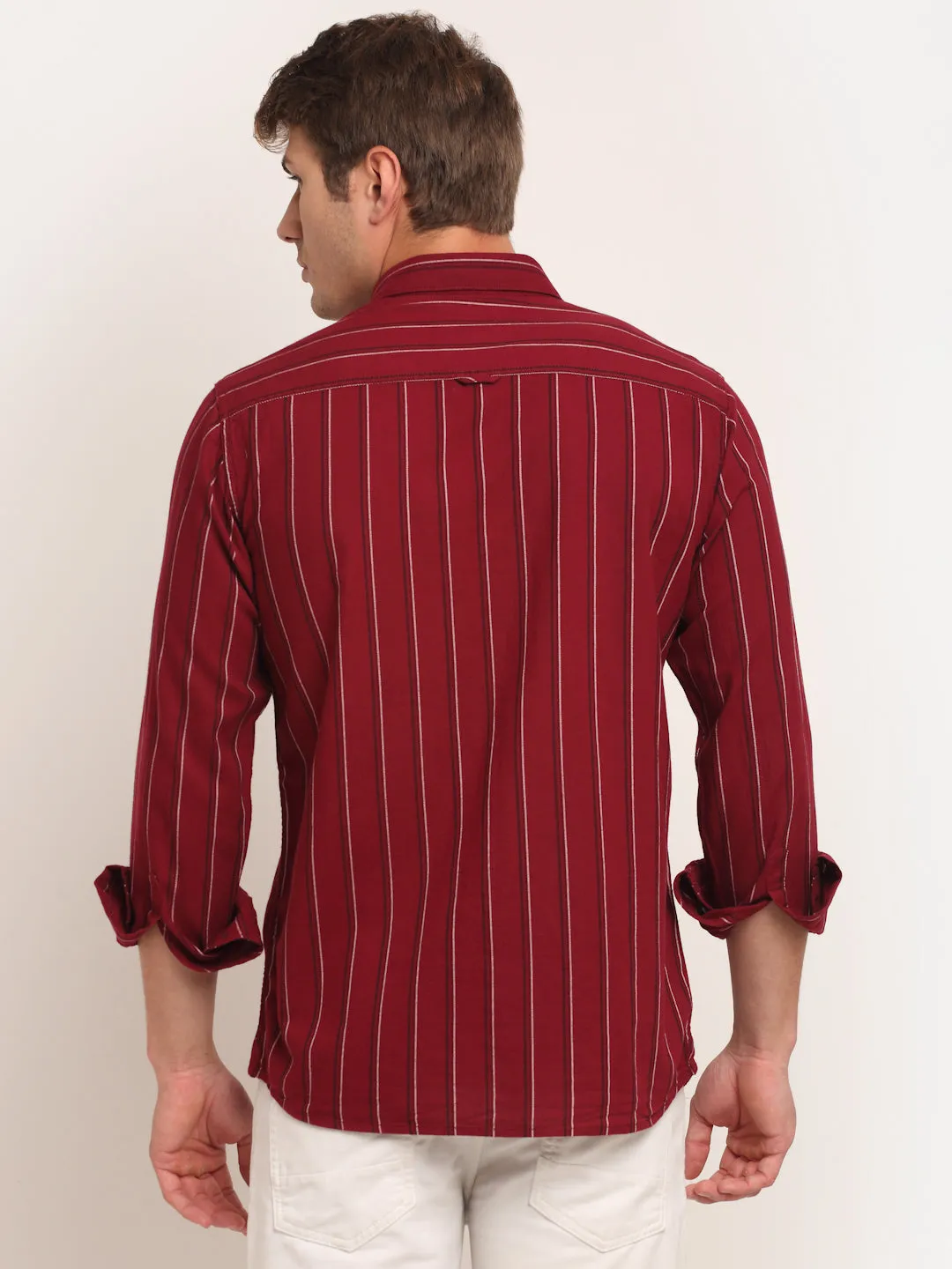 Men Cotton Striped Maroon Full Sleeve Casual Shirt for Men with Pocket