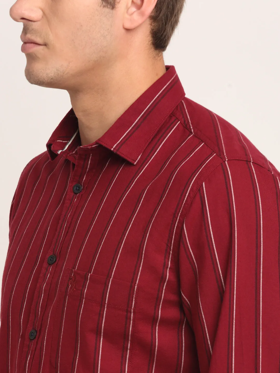 Men Cotton Striped Maroon Full Sleeve Casual Shirt for Men with Pocket