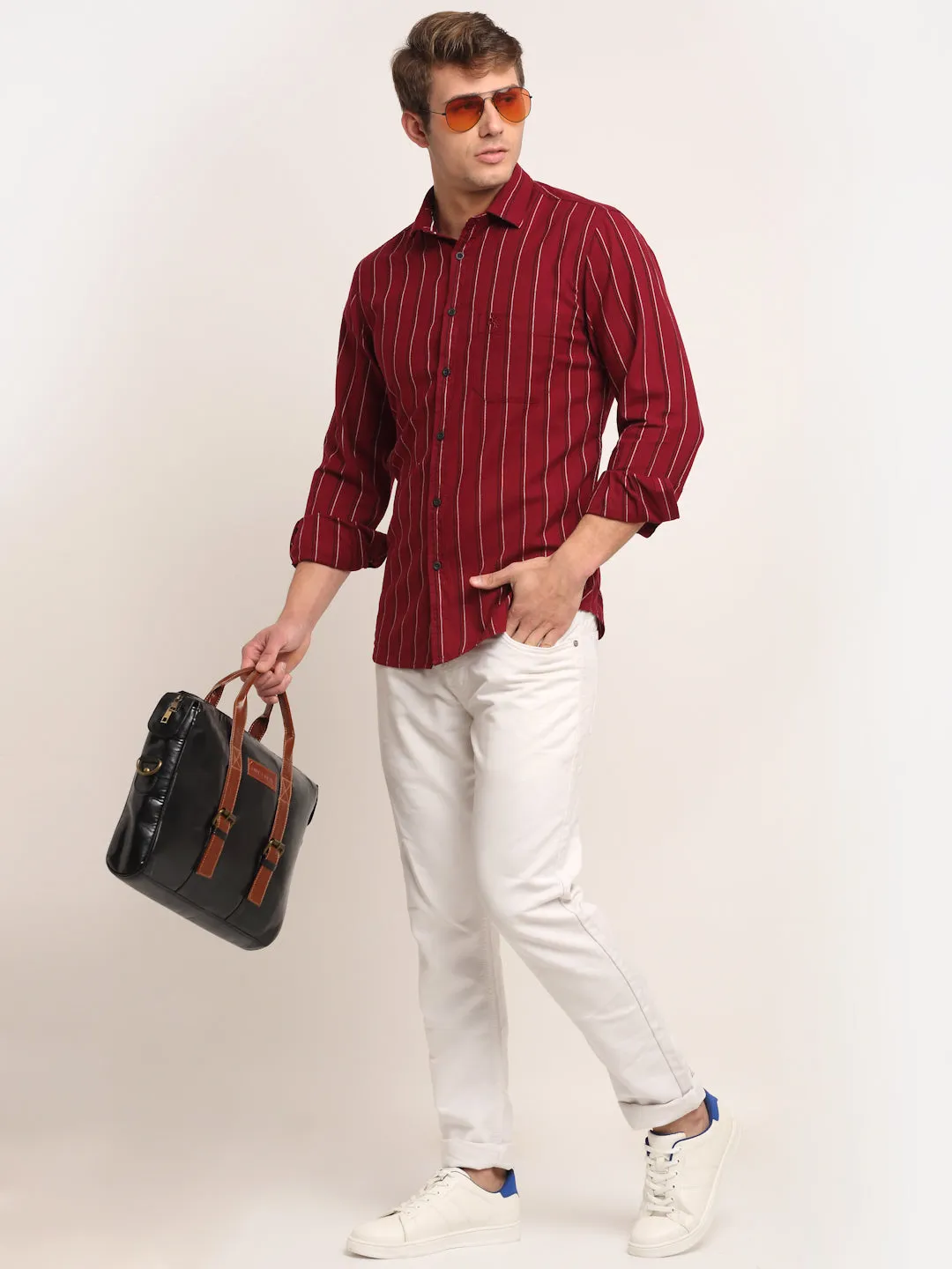 Men Cotton Striped Maroon Full Sleeve Casual Shirt for Men with Pocket