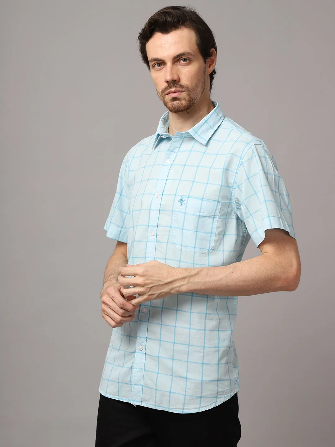 Men's Aqua Blue Casual Medium Checks Half Sleeve Shirt