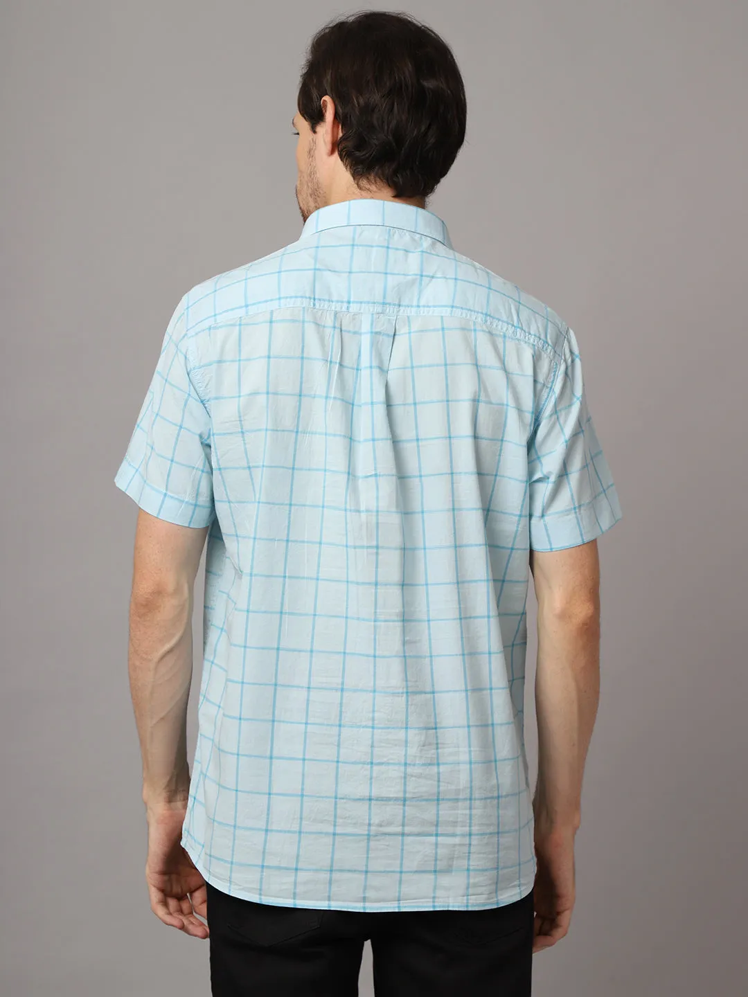 Men's Aqua Blue Casual Medium Checks Half Sleeve Shirt