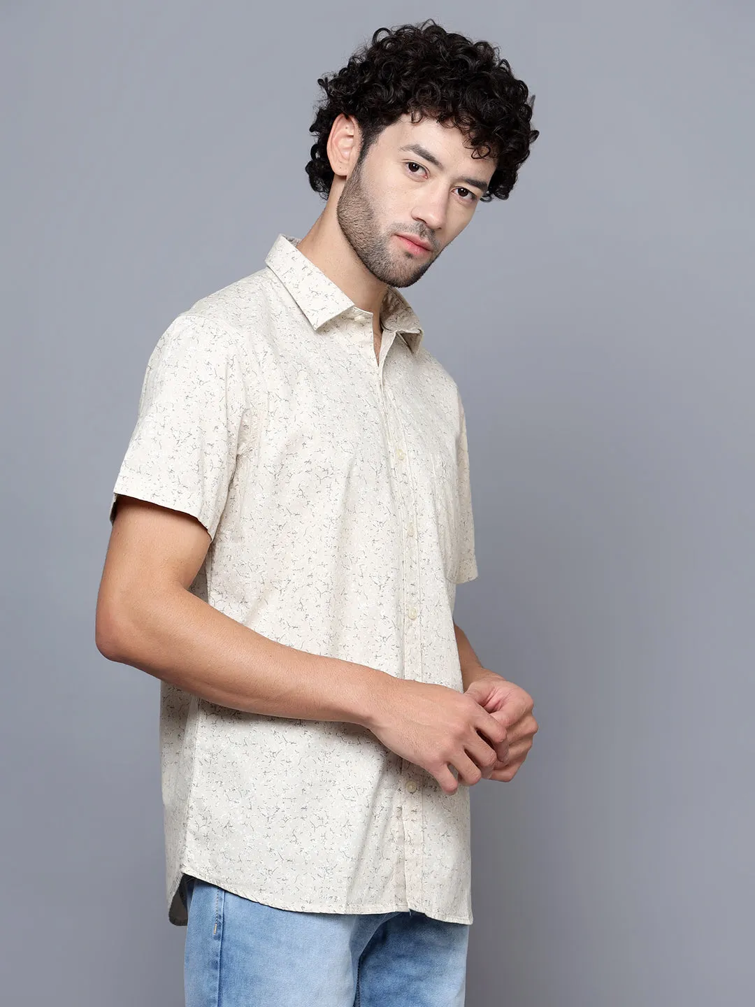 Men's Beige Casual Abstract Print Half Sleeve Shirt