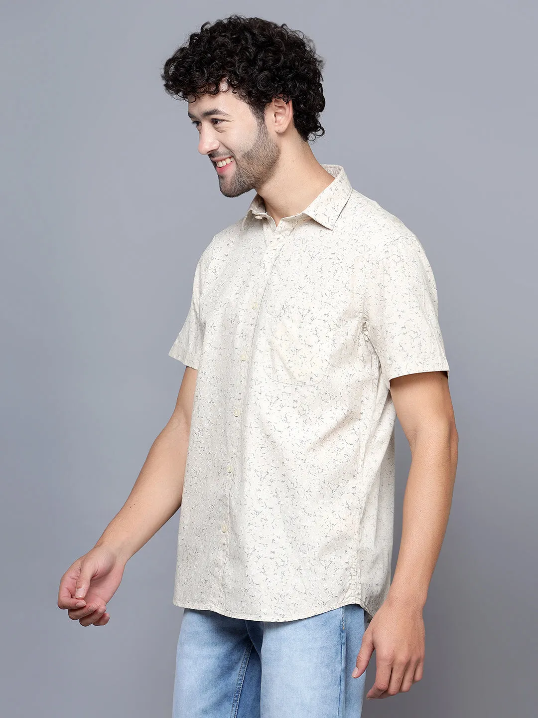 Men's Beige Casual Abstract Print Half Sleeve Shirt