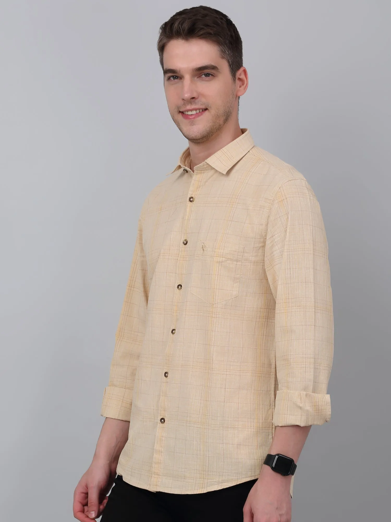 Men's Beige Casual Big Checks Full Sleeve Shirt