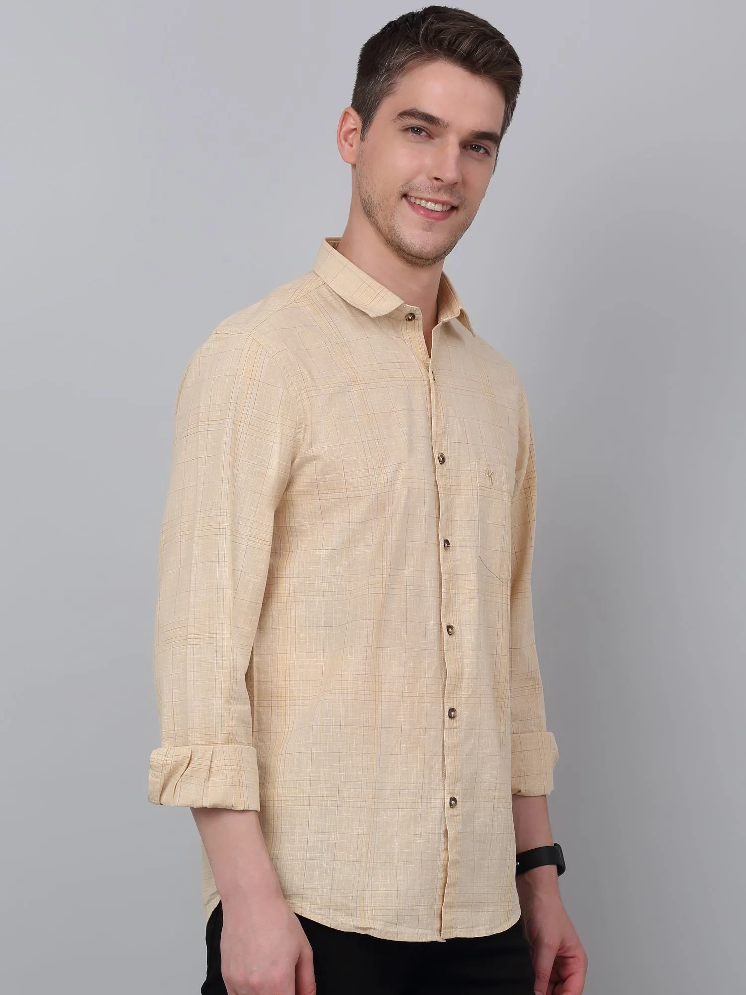 Men's Beige Casual Big Checks Full Sleeve Shirt