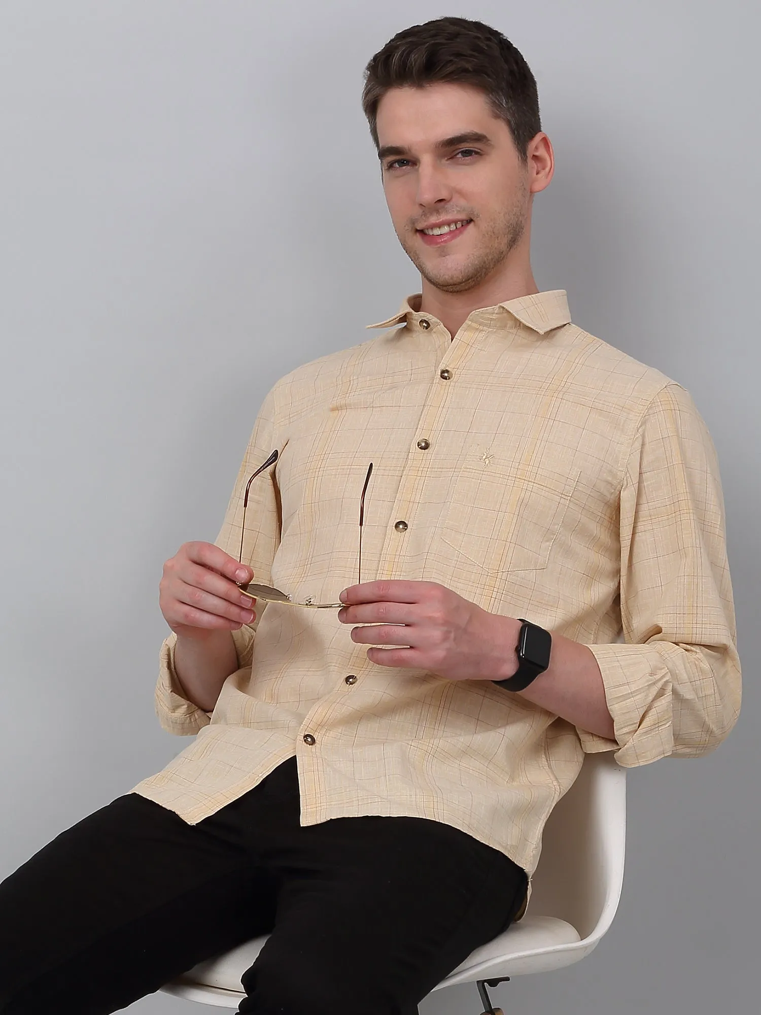 Men's Beige Casual Big Checks Full Sleeve Shirt