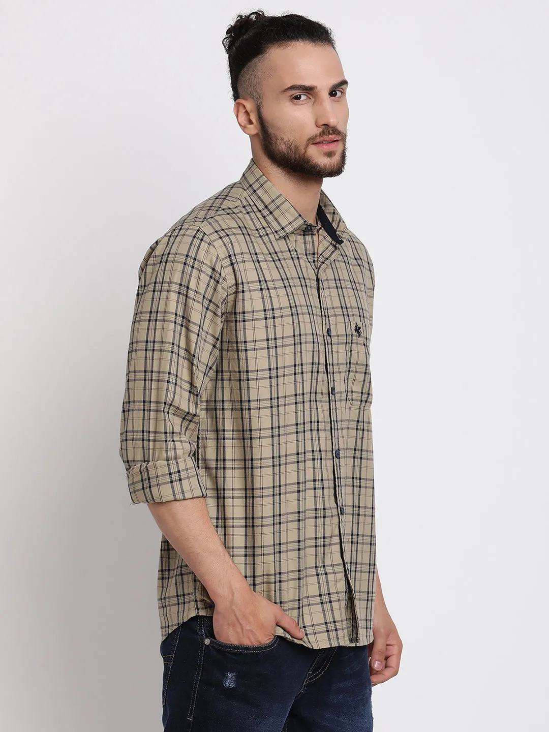 Men's Beige Casual Medium Checks Full Sleeve Shirt