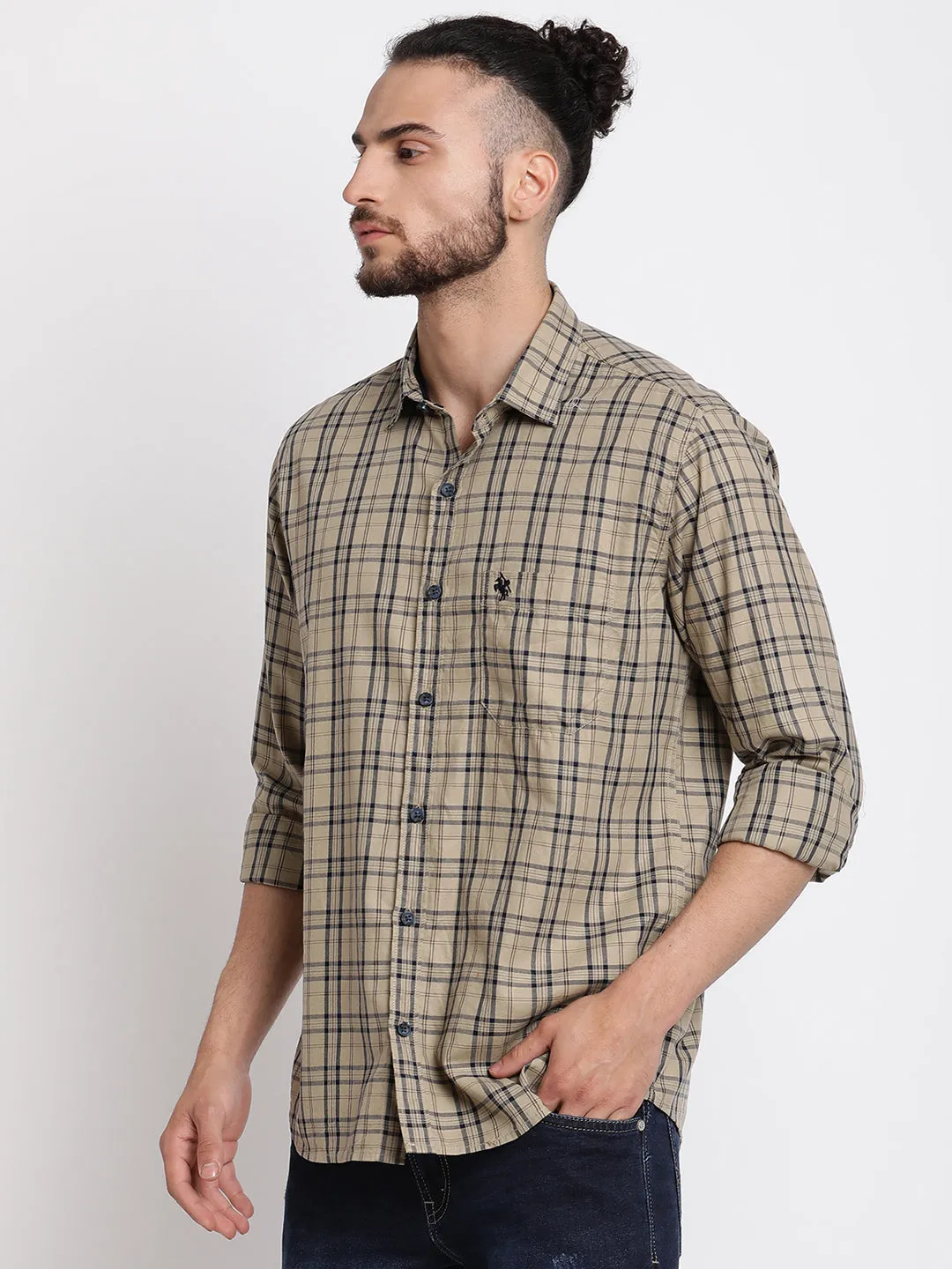 Men's Beige Casual Medium Checks Full Sleeve Shirt