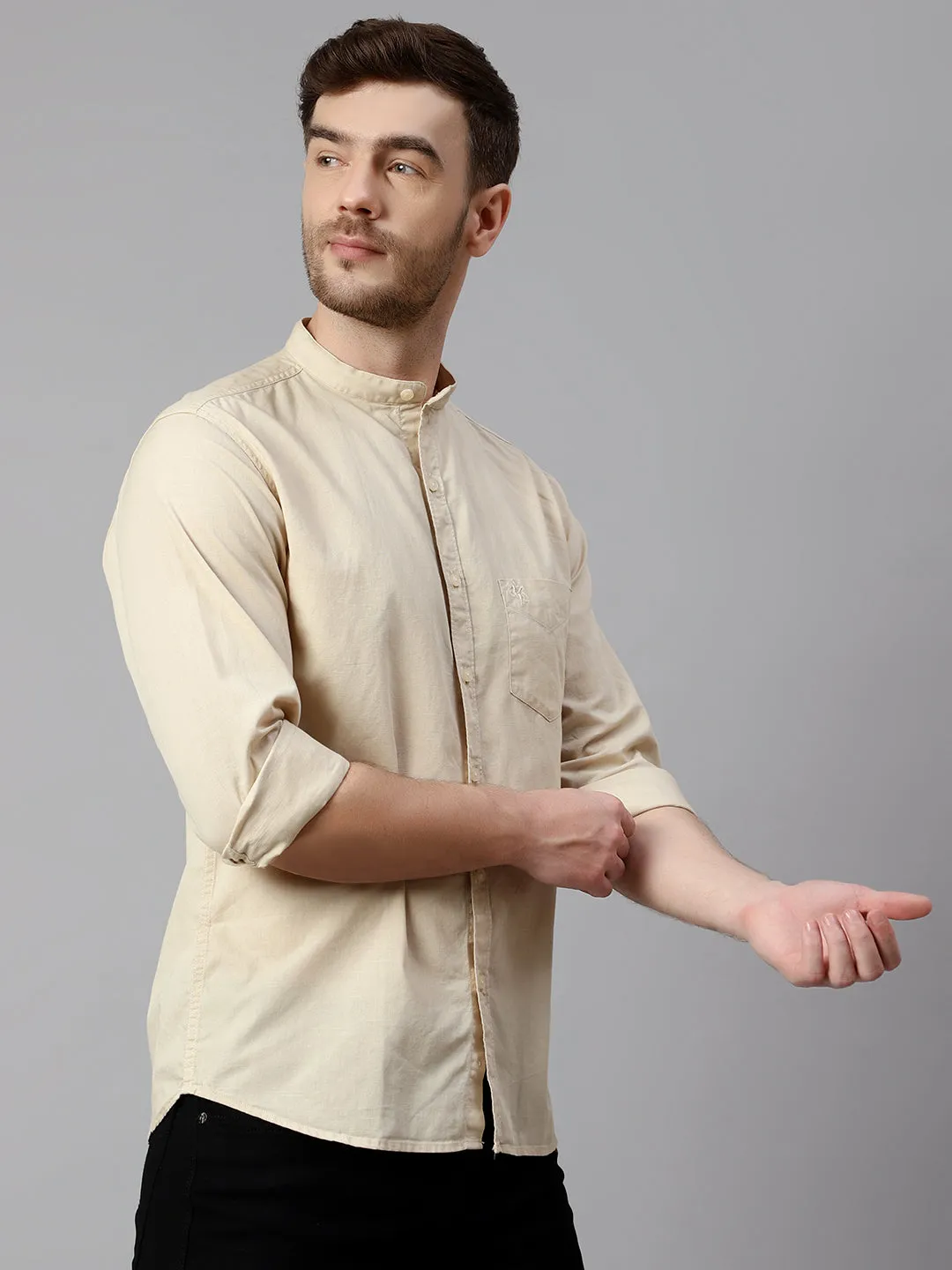 Men's Beige Casual Plain Full Sleeve Shirt