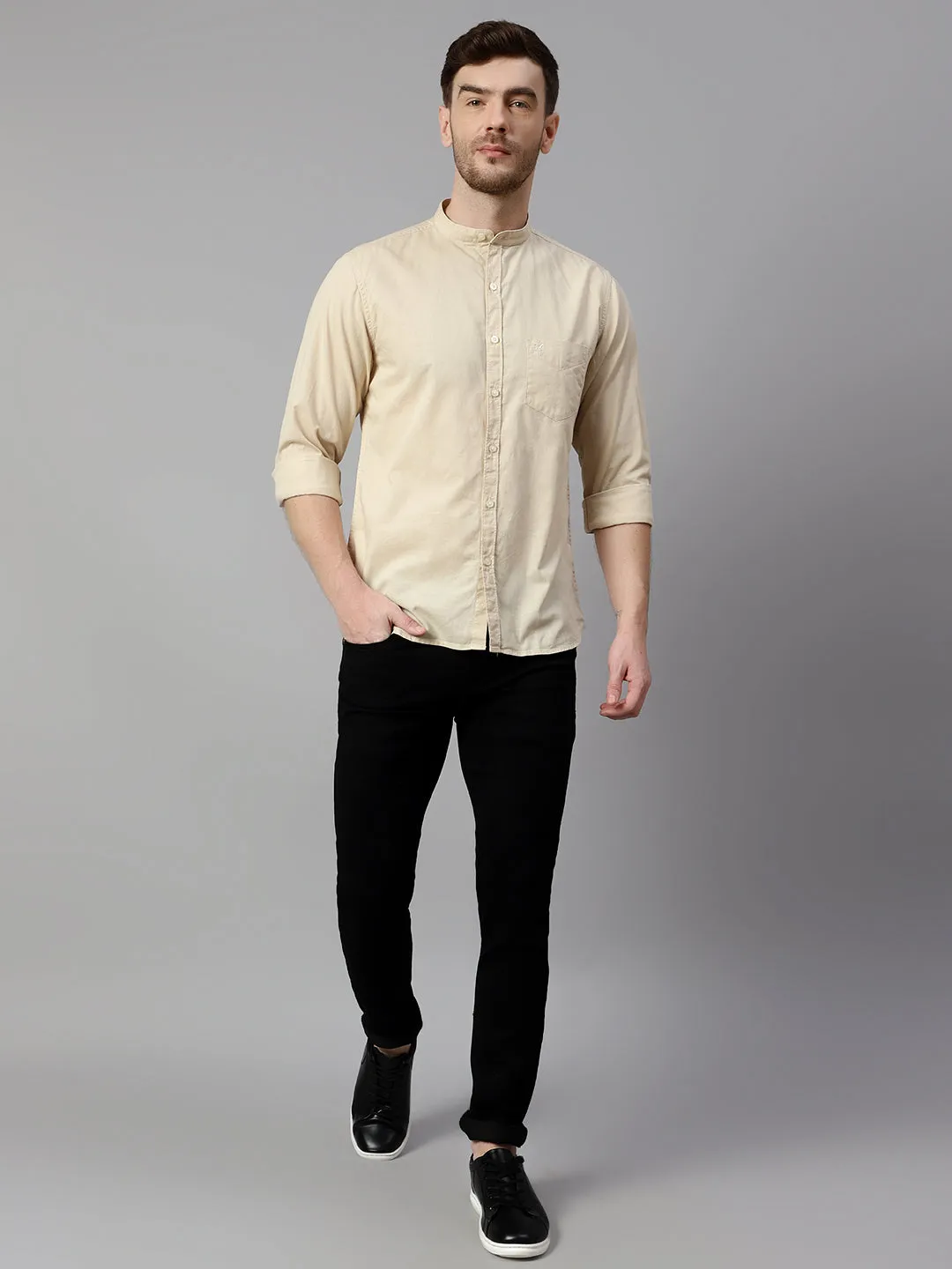 Men's Beige Casual Plain Full Sleeve Shirt