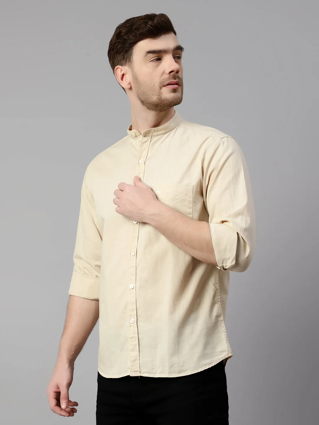 Men's Beige Casual Plain Full Sleeve Shirt