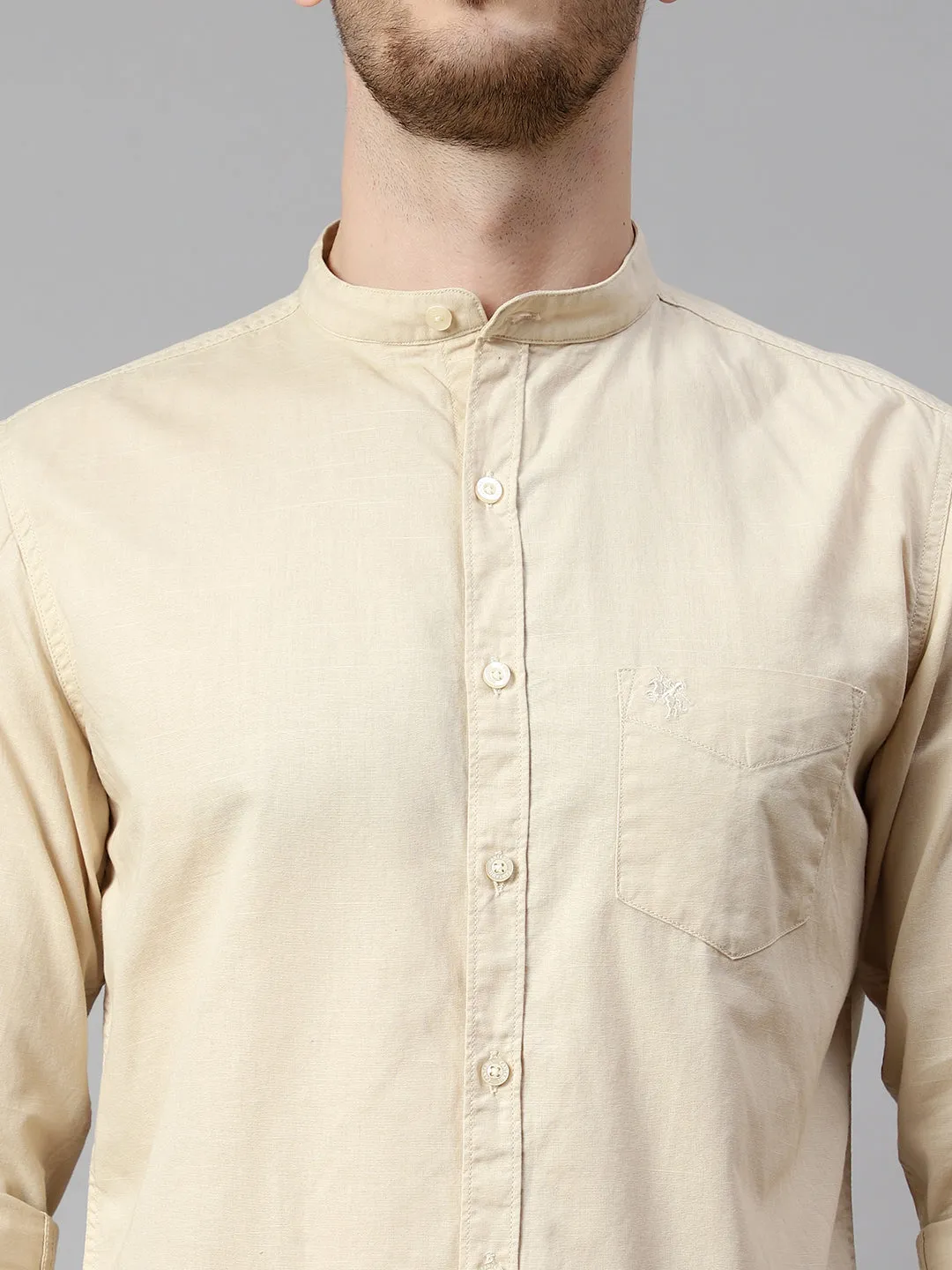 Men's Beige Casual Plain Full Sleeve Shirt