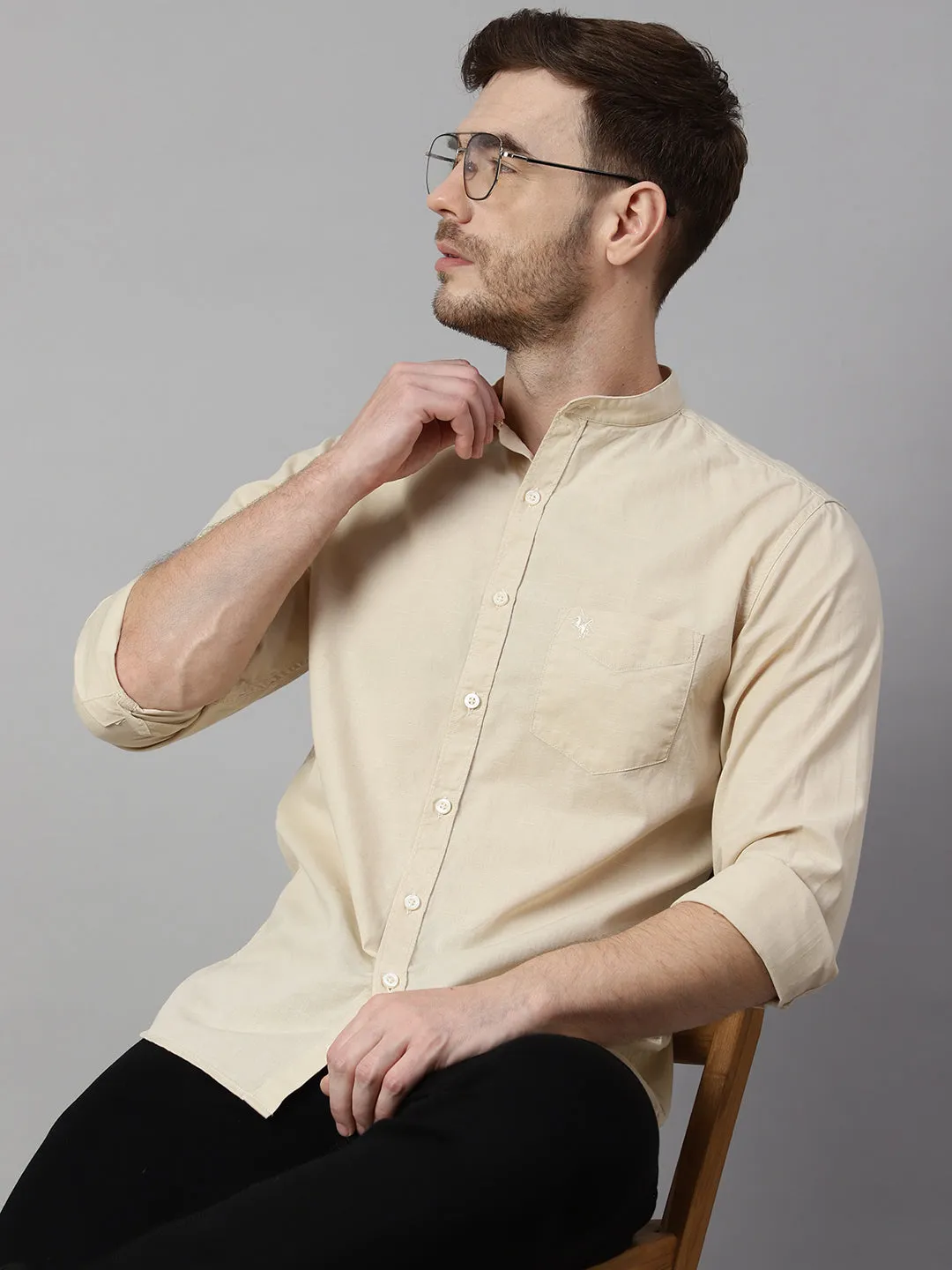 Men's Beige Casual Plain Full Sleeve Shirt